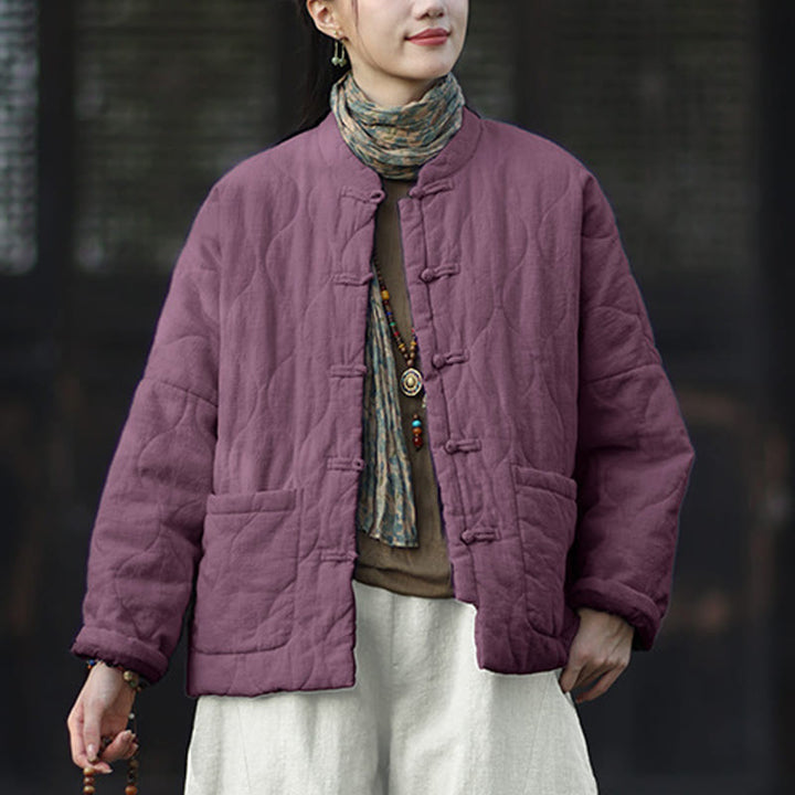 Chaqueta térmica de manga larga para mujer de algodón ramio con botones de rana y líneas curvas de Buddha Stones con bolsillos - image 41