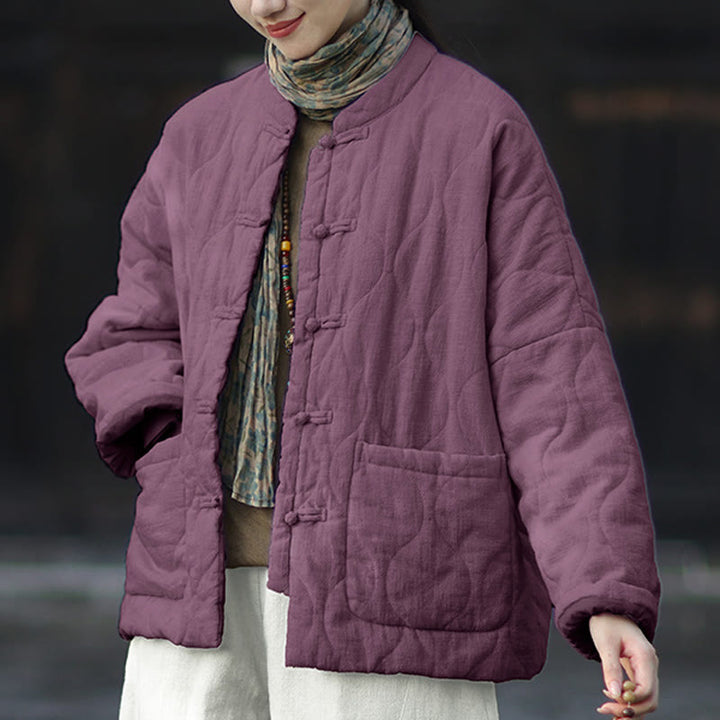 Chaqueta térmica de manga larga para mujer de algodón ramio con botones de rana y líneas curvas de Buddha Stones con bolsillos - image 39