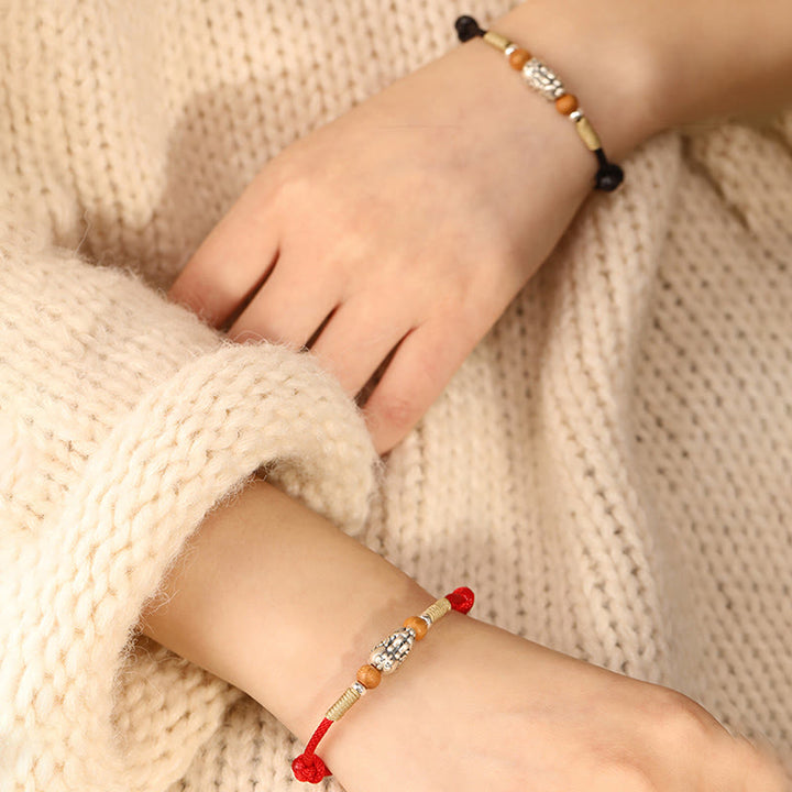 Pulsera tobillera trenzada hecha a mano con cuentas de madera de melocotón y dije de Pixiu de Buddha Stones en plata de ley 999. - image 19