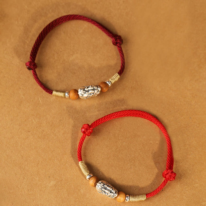 Pulsera tobillera trenzada hecha a mano con cuentas de madera de melocotón y dije de Pixiu de Buddha Stones en plata de ley 999. - image 23