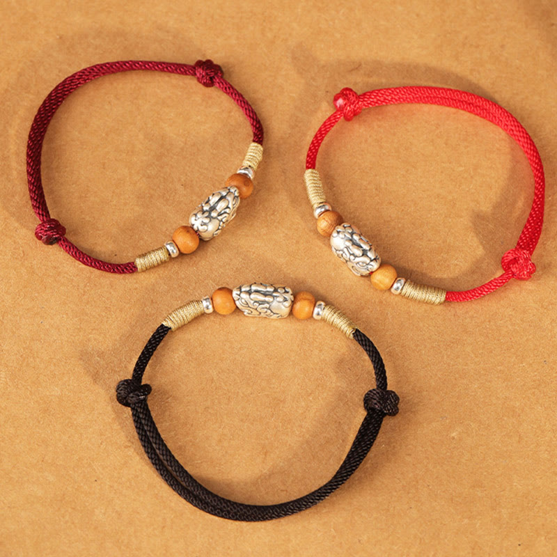 Pulsera tobillera trenzada hecha a mano con cuentas de madera de melocotón y dije de Pixiu de Buddha Stones en plata de ley 999. - image 24