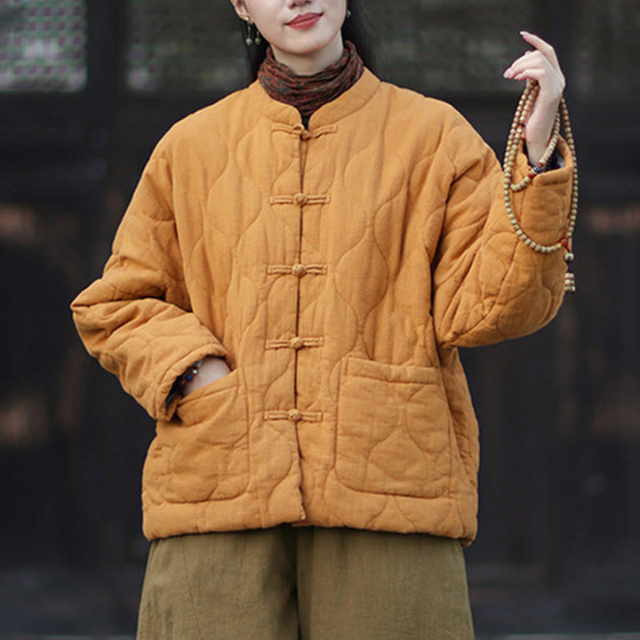 Chaqueta térmica de manga larga para mujer de algodón ramio con botones de rana y líneas curvas de Buddha Stones con bolsillos - image 10