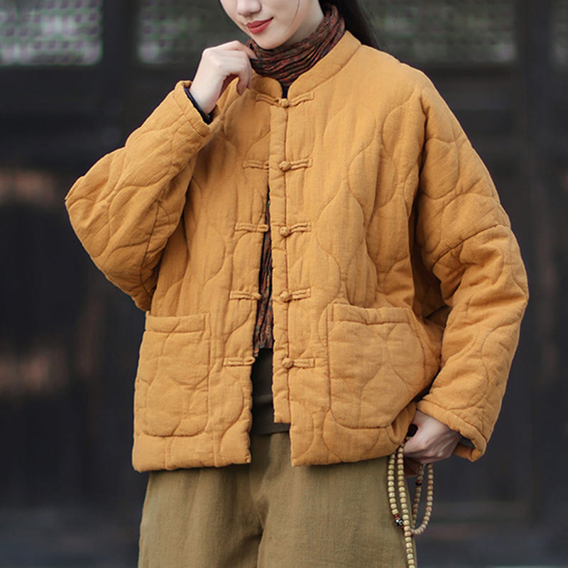 Chaqueta térmica de manga larga para mujer de algodón ramio con botones de rana y líneas curvas de Buddha Stones con bolsillos - image 3