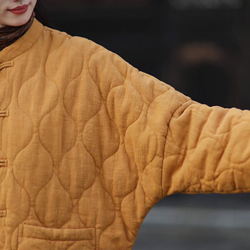 Chaqueta térmica de manga larga para mujer de algodón ramio con botones de rana y líneas curvas de Buddha Stones con bolsillos - image 12