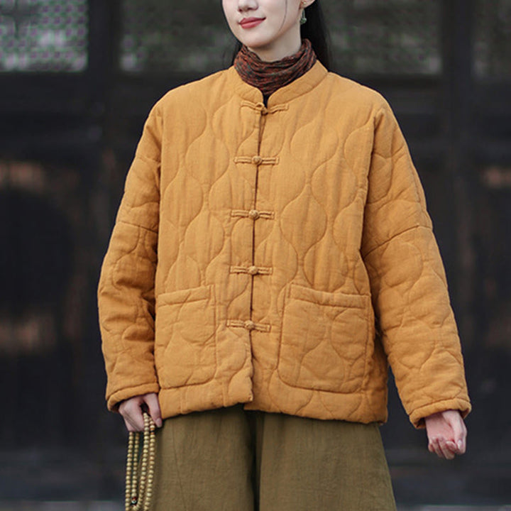 Chaqueta térmica de manga larga para mujer de algodón ramio con botones de rana y líneas curvas de Buddha Stones con bolsillos - image 7