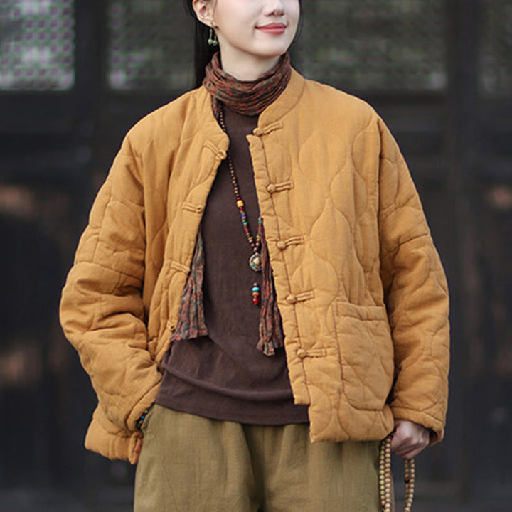 Chaqueta térmica de manga larga para mujer de algodón ramio con botones de rana y líneas curvas de Buddha Stones con bolsillos - image 9