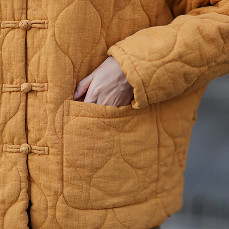 Chaqueta térmica de manga larga para mujer de algodón ramio con botones de rana y líneas curvas de Buddha Stones con bolsillos - image 13