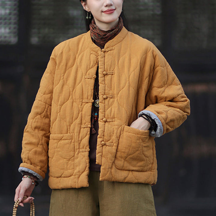 Chaqueta térmica de manga larga para mujer de algodón ramio con botones de rana y líneas curvas de Buddha Stones con bolsillos - image 8