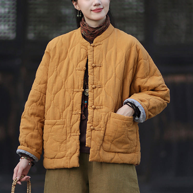 Chaqueta térmica de manga larga para mujer de algodón ramio con botones de rana y líneas curvas de Buddha Stones con bolsillos - image 8