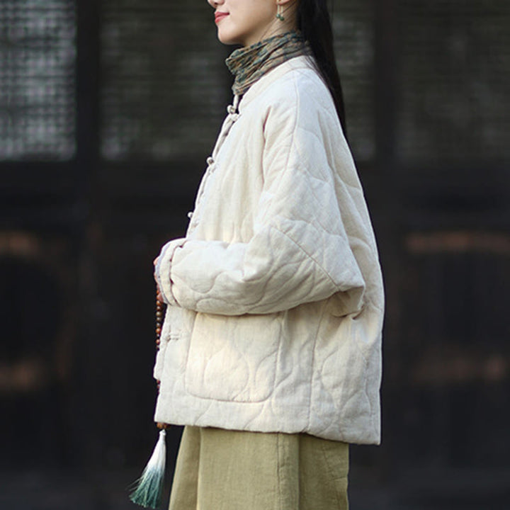 Chaqueta térmica de manga larga para mujer de algodón ramio con botones de rana y líneas curvas de Buddha Stones con bolsillos - image 17