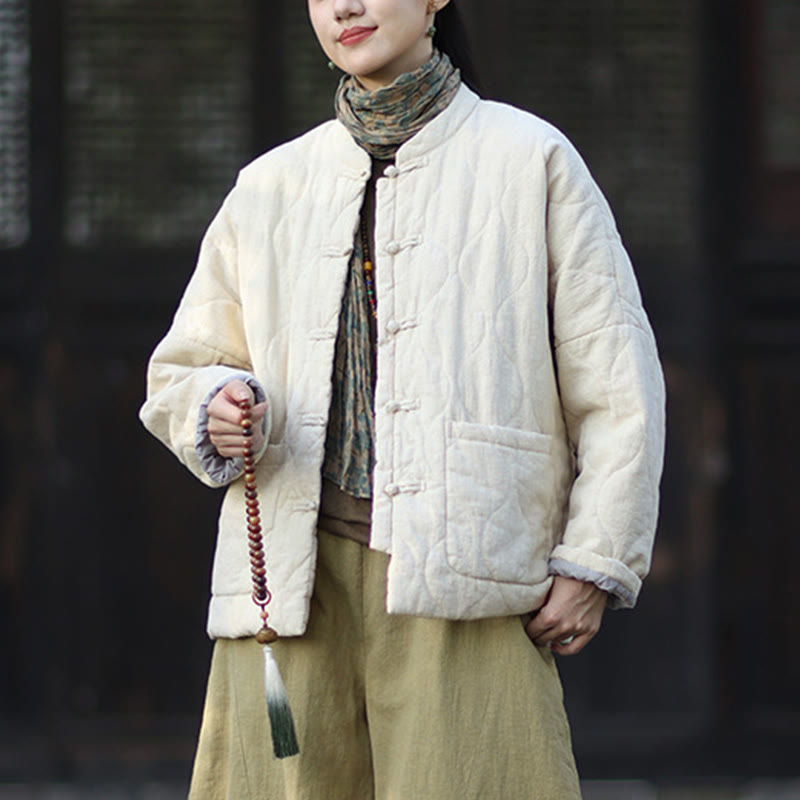 Chaqueta térmica de manga larga para mujer de algodón ramio con botones de rana y líneas curvas de Buddha Stones con bolsillos - image 25