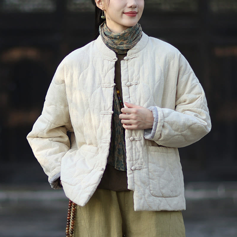 Chaqueta térmica de manga larga para mujer de algodón ramio con botones de rana y líneas curvas de Buddha Stones con bolsillos - image 15