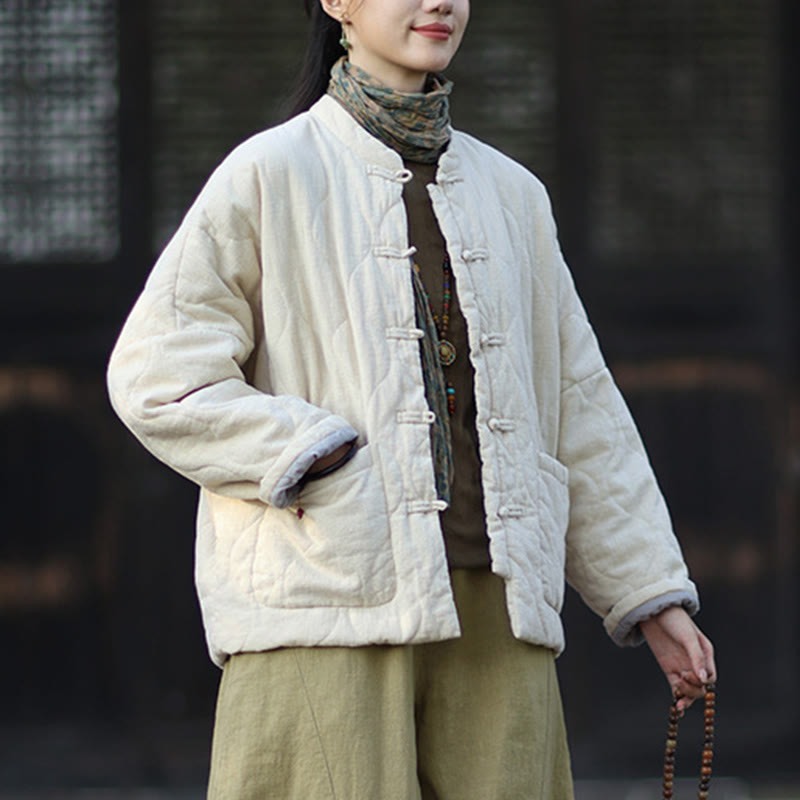 Chaqueta térmica de manga larga para mujer de algodón ramio con botones de rana y líneas curvas de Buddha Stones con bolsillos - image 24