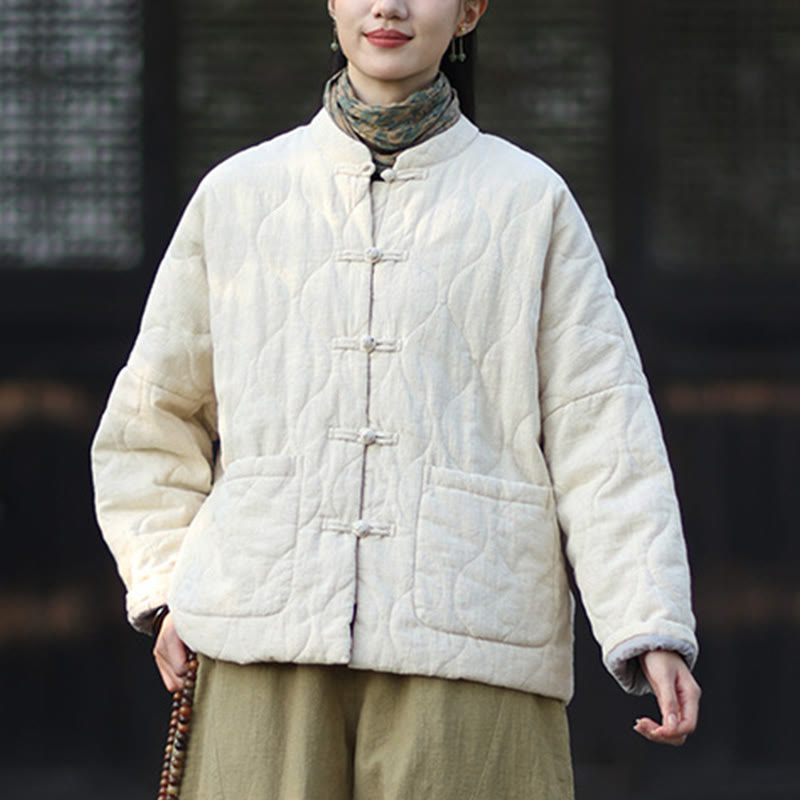 Chaqueta térmica de manga larga para mujer de algodón ramio con botones de rana y líneas curvas de Buddha Stones con bolsillos - image 27