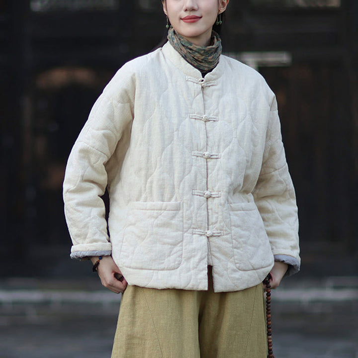 Chaqueta térmica de manga larga para mujer de algodón ramio con botones de rana y líneas curvas de Buddha Stones con bolsillos - image 22