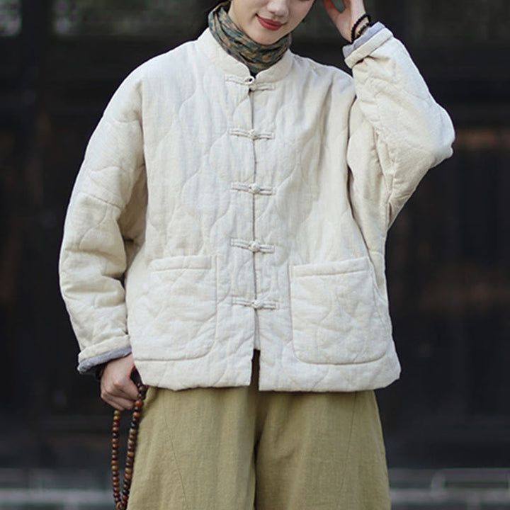 Chaqueta térmica de manga larga para mujer de algodón ramio con botones de rana y líneas curvas de Buddha Stones con bolsillos - image 19