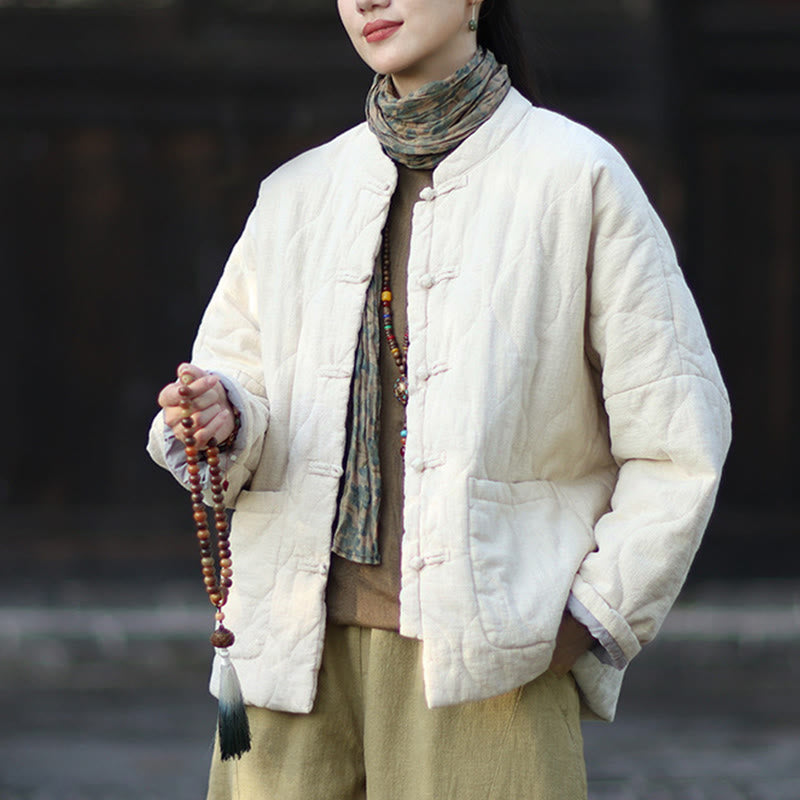 Chaqueta térmica de manga larga para mujer de algodón ramio con botones de rana y líneas curvas de Buddha Stones con bolsillos - image 23