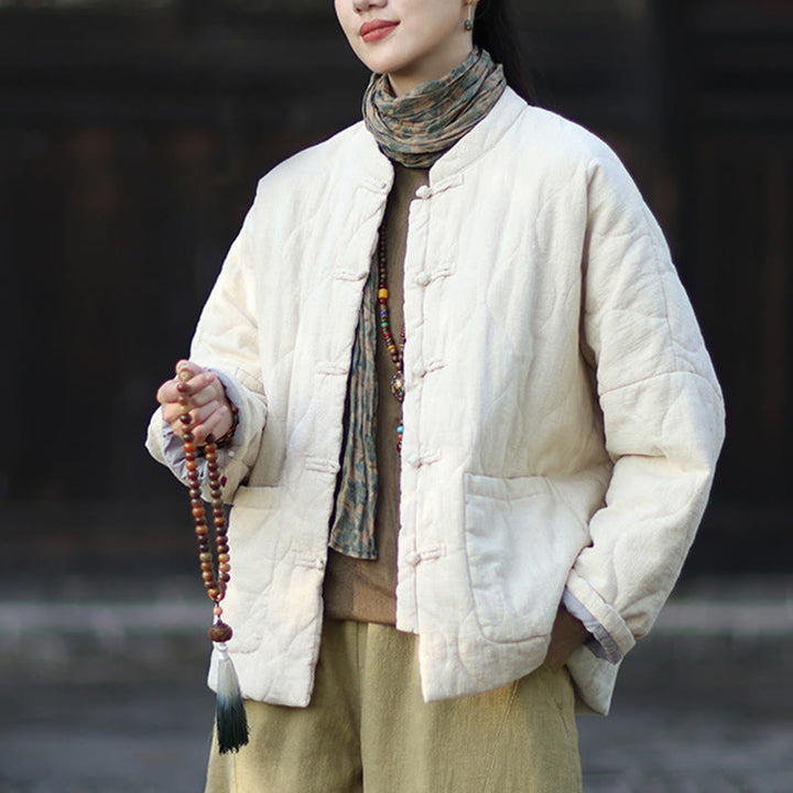 Chaqueta térmica de manga larga para mujer de algodón ramio con botones de rana y líneas curvas de Buddha Stones con bolsillos - image 23