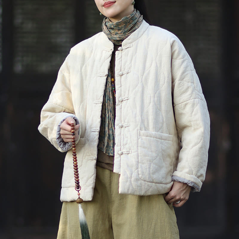 Chaqueta térmica de manga larga para mujer de algodón ramio con botones de rana y líneas curvas de Buddha Stones con bolsillos - image 18