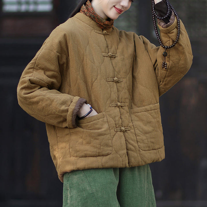 Chaqueta térmica de manga larga para mujer de algodón ramio con botones de rana y líneas curvas de Buddha Stones con bolsillos - image 36