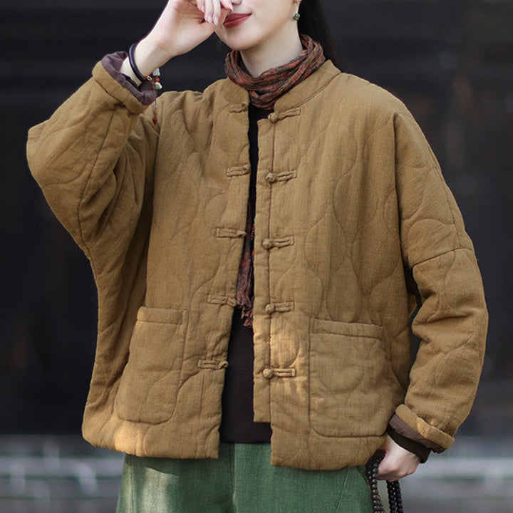 Chaqueta térmica de manga larga para mujer de algodón ramio con botones de rana y líneas curvas de Buddha Stones con bolsillos - image 33