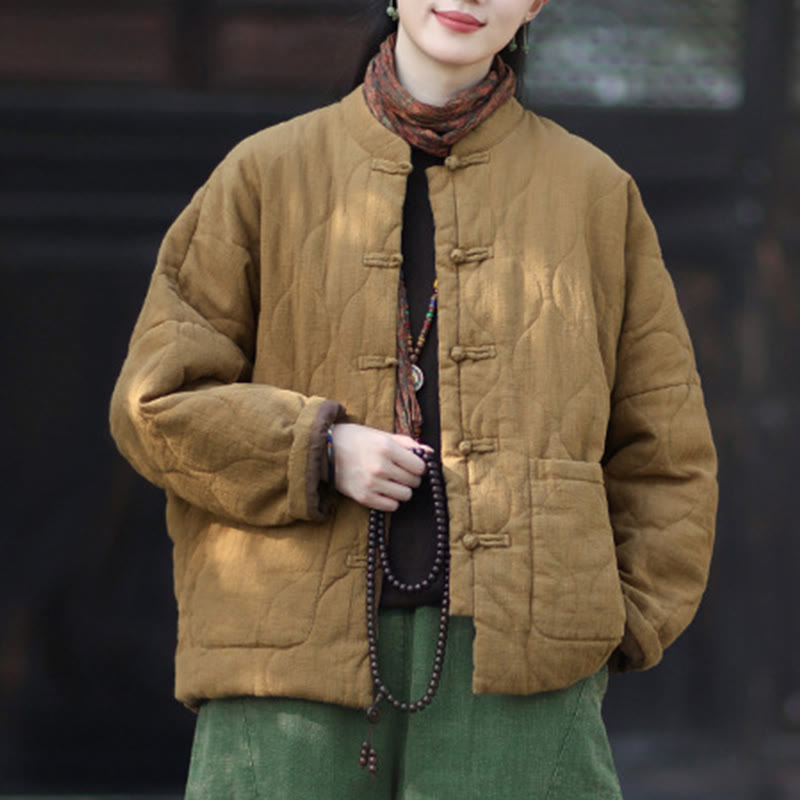 Chaqueta térmica de manga larga para mujer de algodón ramio con botones de rana y líneas curvas de Buddha Stones con bolsillos - image 34
