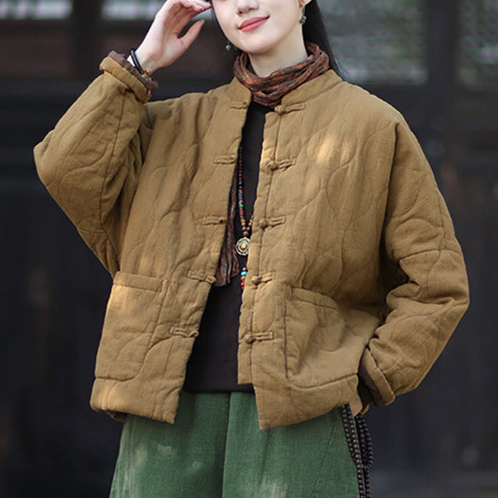 Chaqueta térmica de manga larga para mujer de algodón ramio con botones de rana y líneas curvas de Buddha Stones con bolsillos - image 35