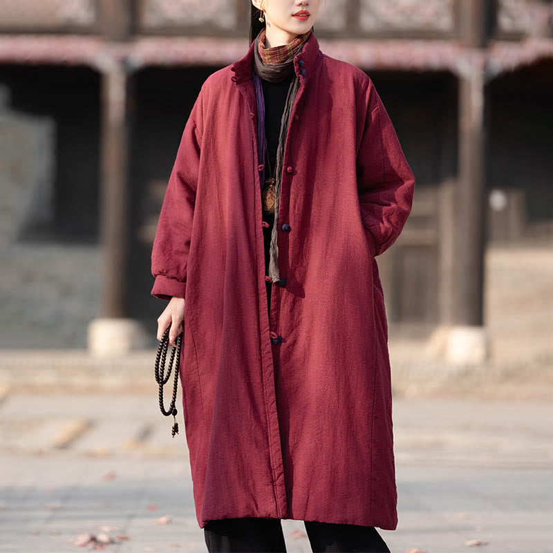 Abrigo térmico de invierno Buddha Stones de algodón ramio con botones de rana para mujer, de manga larga y bolsillos - Carmesí - US6，UK/AU10，EU38 (M) - image 10