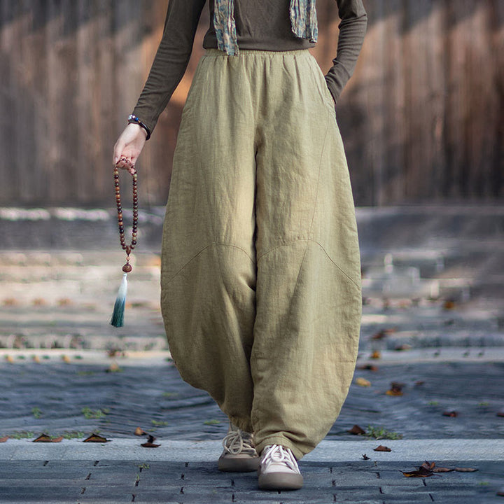 Pantalones térmicos de algodón ramio con cintura elástica para mujer, de Buddha Stones, con bolsillos, para invierno - image 1