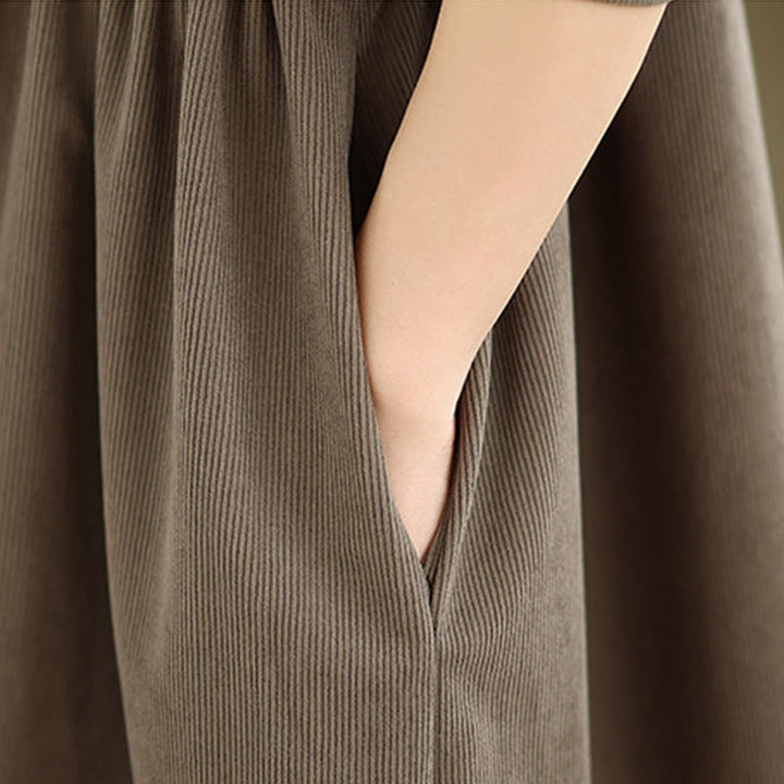 Vestido midi de pana de manga larga con botones, plisado y bolsillos para mujer de Buddha Stones Winter - image 9