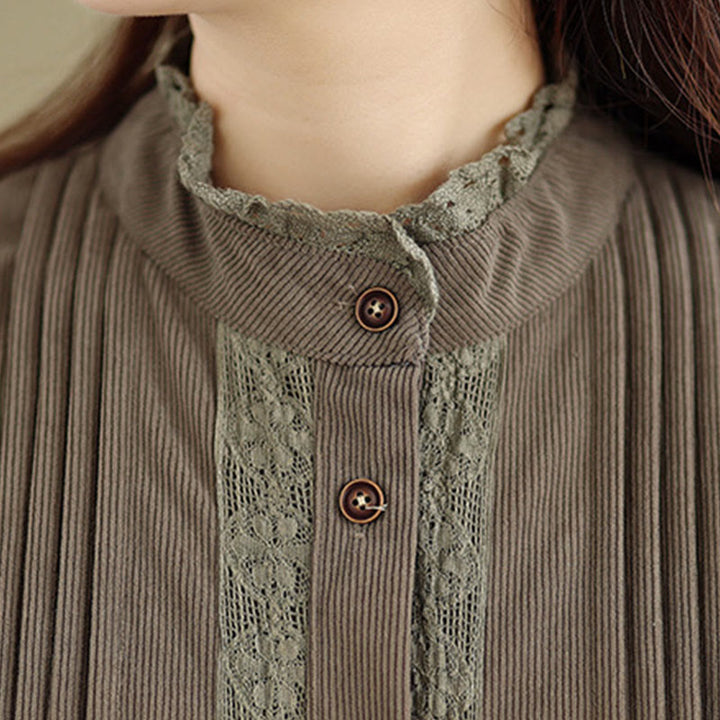 Vestido midi de pana de manga larga con botones, plisado y bolsillos para mujer de Buddha Stones Winter - image 7