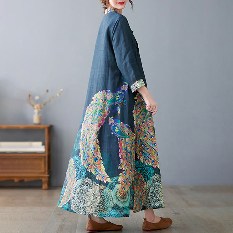 Vestido midi de algodón para mujer, con mangas tres cuartos, diseño de pavos Buddha Stones coloridos, mandala, rana y botones - image 4