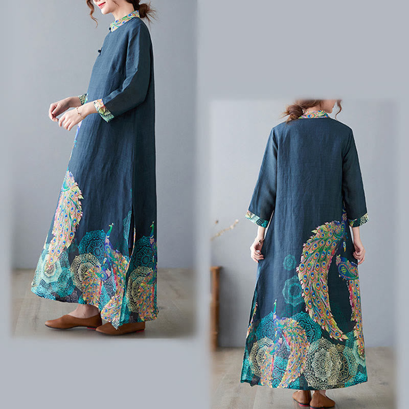 Vestido midi de algodón para mujer, con mangas tres cuartos, diseño de pavos Buddha Stones coloridos, mandala, rana y botones - image 8