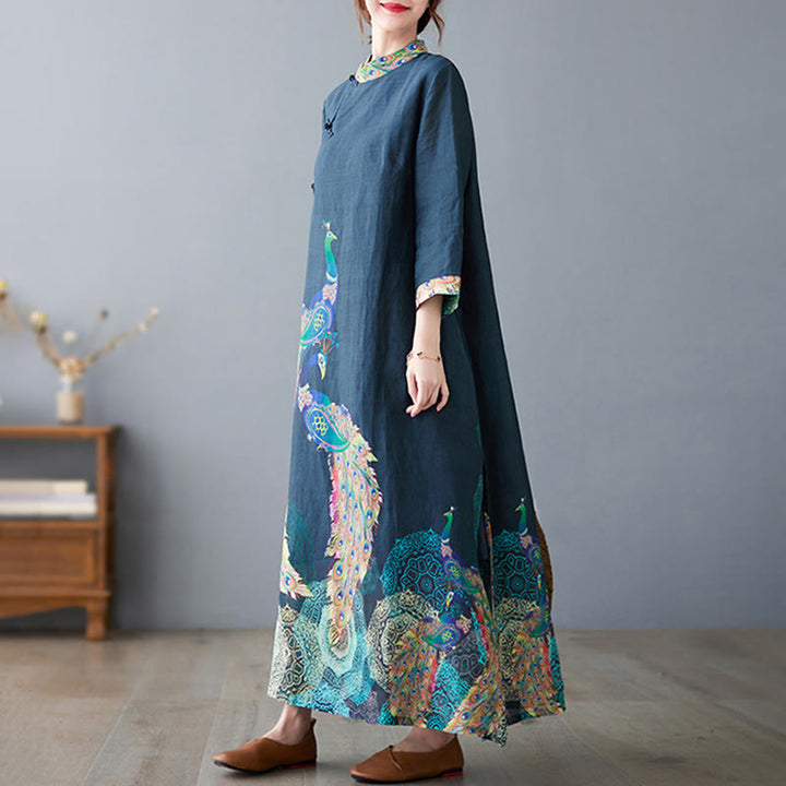 Vestido midi de algodón para mujer, con mangas tres cuartos, diseño de pavos Buddha Stones coloridos, mandala, rana y botones - image 5