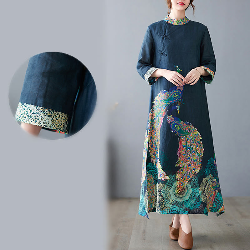 Vestido midi de algodón para mujer, con mangas tres cuartos, diseño de pavos Buddha Stones coloridos, mandala, rana y botones - image 11