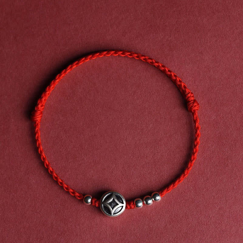 Pulsera tobillera con dije de moneda de cobre y Buddha Stones en plata de ley 999 hecha a mano. - Tobillera de hilo rojo (circunferencia de 22 a 30 cm) - image 1