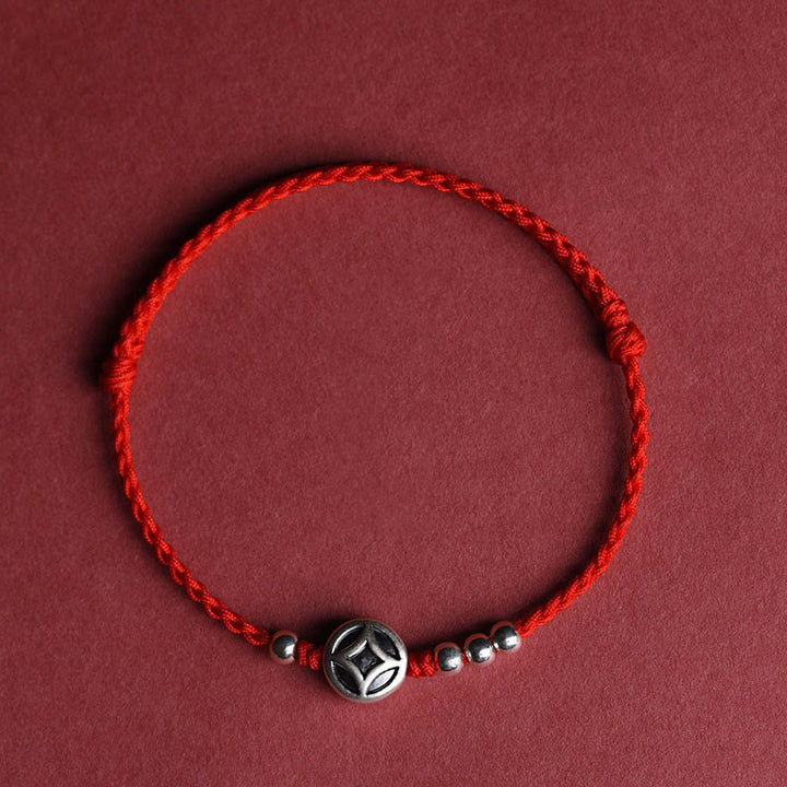 Pulsera tobillera con dije de moneda de cobre y Buddha Stones en plata de ley 999 hecha a mano. - Tobillera de hilo rojo (circunferencia de 22 a 30 cm) - image 1