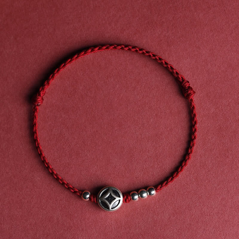 Pulsera tobillera con dije de moneda de cobre y Buddha Stones en plata de ley 999 hecha a mano. - Tobillera de hilo rojo oscuro (circunferencia de 22 a 30 cm) - image 12