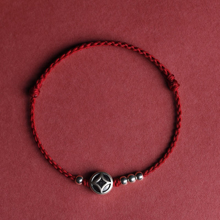 Pulsera tobillera con dije de moneda de cobre y Buddha Stones en plata de ley 999 hecha a mano. - Tobillera de hilo rojo oscuro (circunferencia de 22 a 30 cm) - image 12