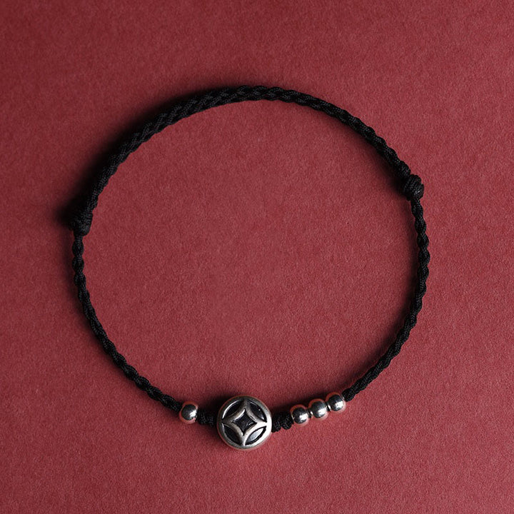 Pulsera tobillera con dije de moneda de cobre y Buddha Stones en plata de ley 999 hecha a mano. - Tobillera de hilo negro (circunferencia de 22 a 30 cm) - image 13