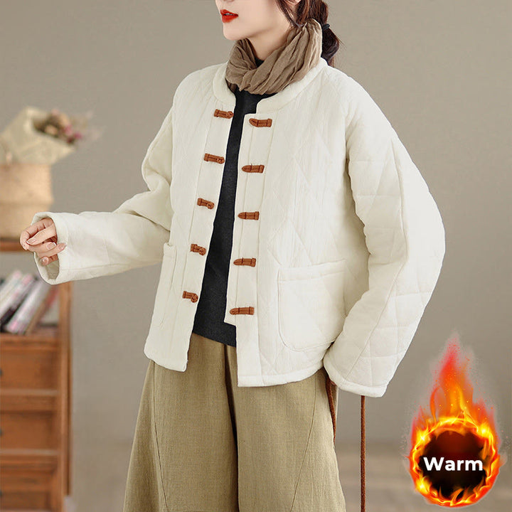 Chaqueta térmica de algodón de manga larga para mujer con bolsillos y botones de rana de invierno de Buddha Stones. - Lino - US14，UK/AU18，EU46 (2XL) - image 16