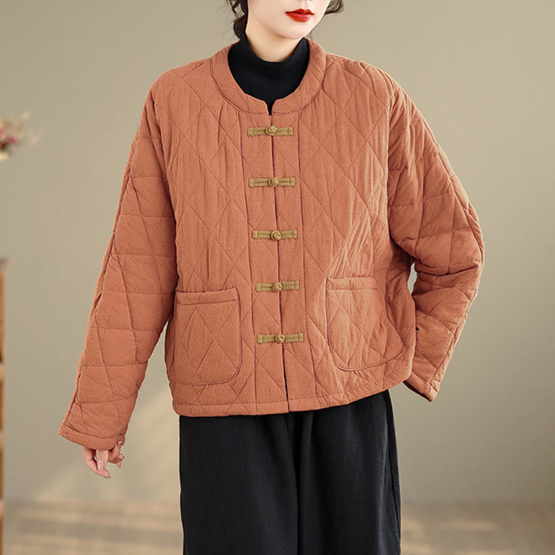 Chaqueta térmica de algodón de manga larga para mujer con bolsillos y botones de rana de invierno de Buddha Stones. - image 5