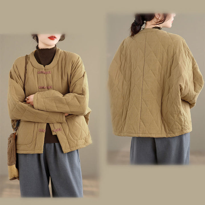 Chaqueta térmica de algodón de manga larga para mujer con bolsillos y botones de rana de invierno de Buddha Stones. - image 10