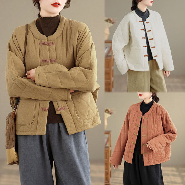 Chaqueta térmica de algodón de manga larga para mujer con bolsillos y botones de rana de invierno de Buddha Stones. - image 22