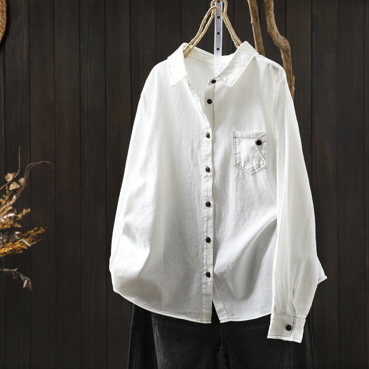 Camisa de algodón de manga larga con cuello alto para mujer, diseño con botones y bolsillos decorados con Buddha Stones en otoño - Blanco - US6, UK/AU10, EU38 (L) - image 0