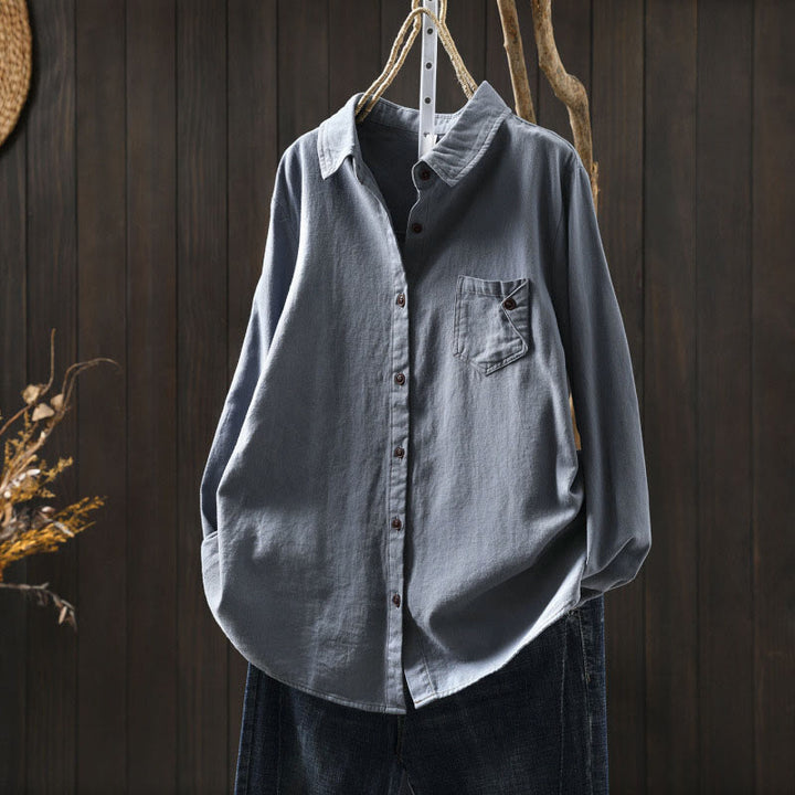 Camisa de algodón de manga larga con cuello alto para mujer, diseño con botones y bolsillos decorados con Buddha Stones en otoño - Azul acero claro - US6, UK/AU10, EU38 (L) - image 18
