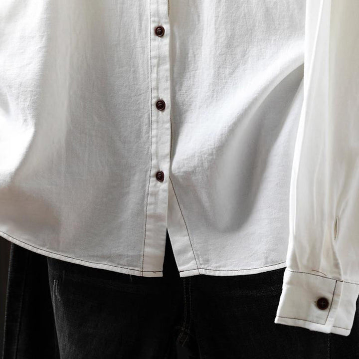 Camisa de algodón de manga larga con cuello alto para mujer, diseño con botones y bolsillos decorados con Buddha Stones en otoño - image 7