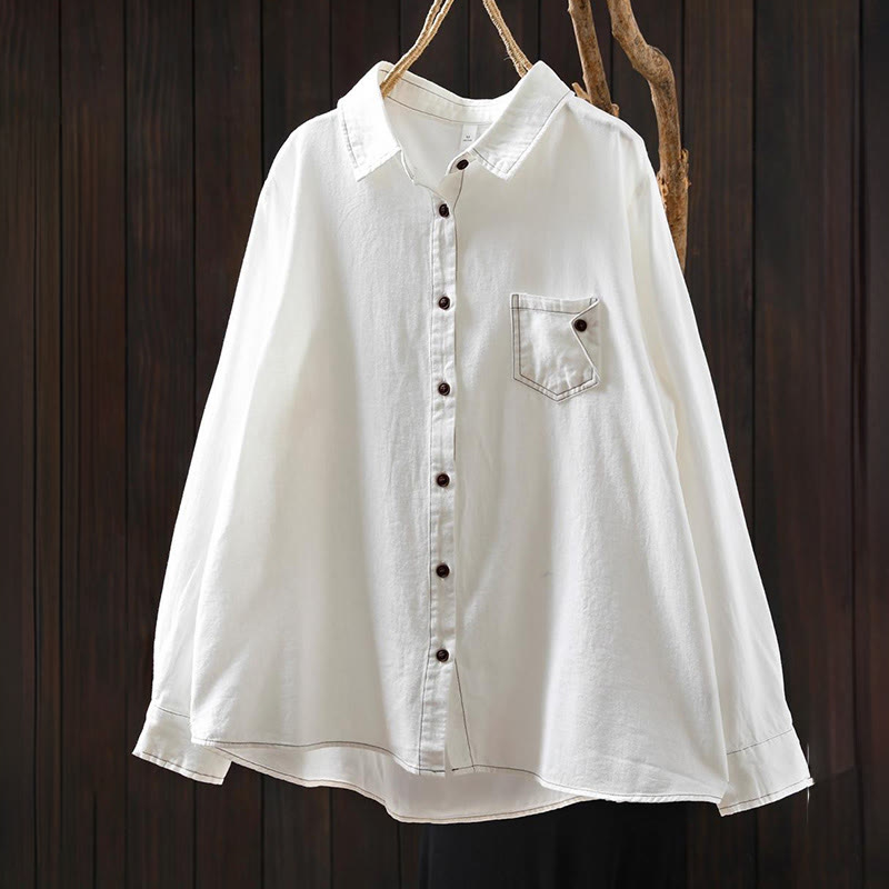 Camisa de algodón de manga larga con cuello alto para mujer, diseño con botones y bolsillos decorados con Buddha Stones en otoño - image 1