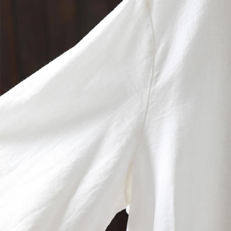 Camisa de algodón de manga larga con cuello alto para mujer, diseño con botones y bolsillos decorados con Buddha Stones en otoño - image 10