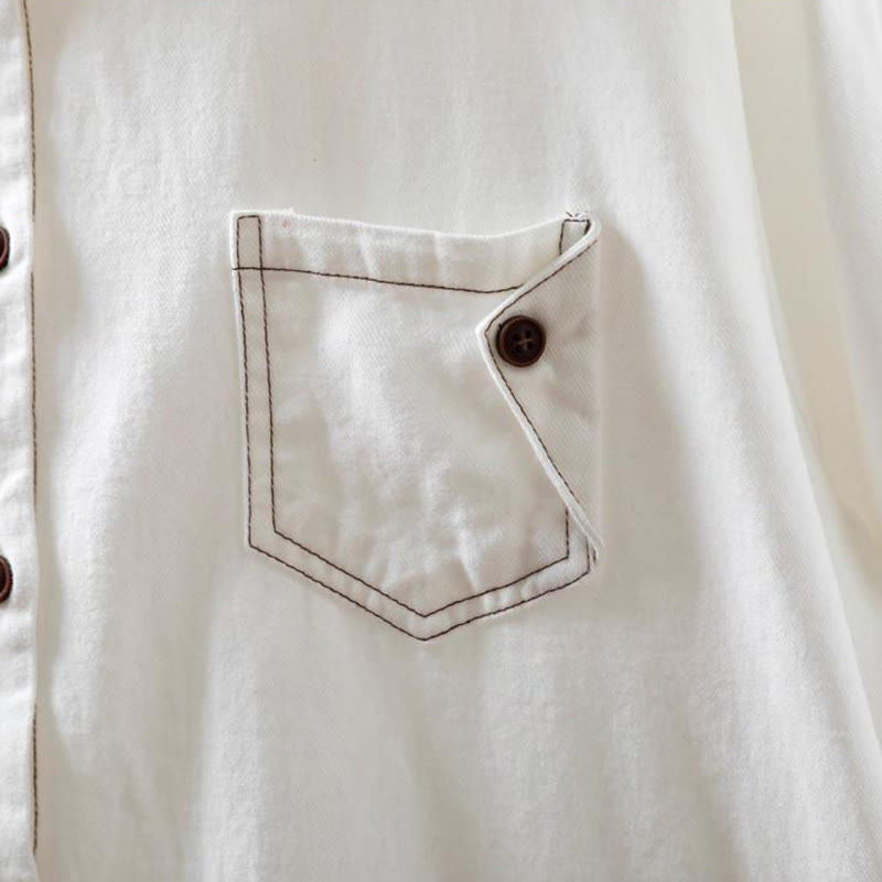 Camisa de algodón de manga larga con cuello alto para mujer, diseño con botones y bolsillos decorados con Buddha Stones en otoño - image 6